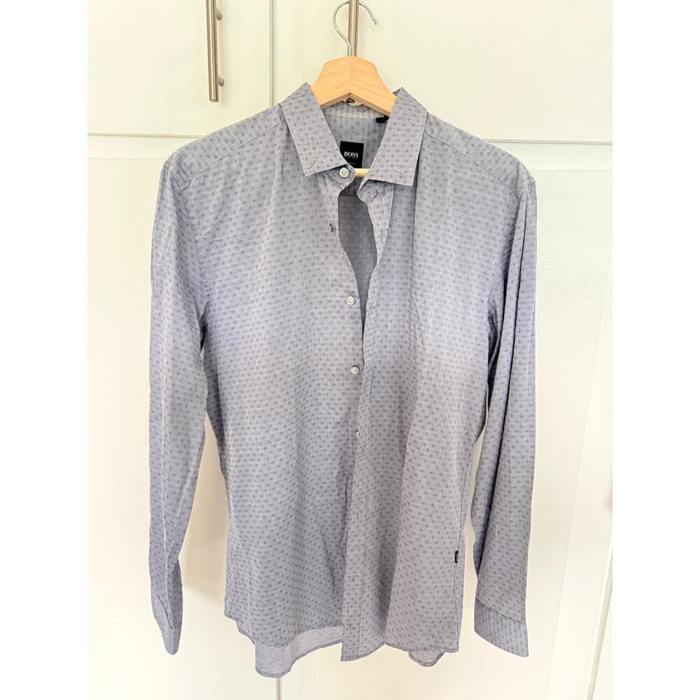 Hugo Boss Men’s Button Front Long Sleeve Light Blue Geometric Print Size Medium